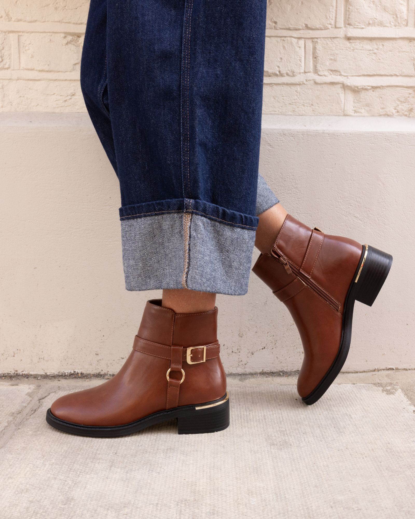 Wide Fit Dora Tan Buckle Ring Detail Flat Ankle Boot