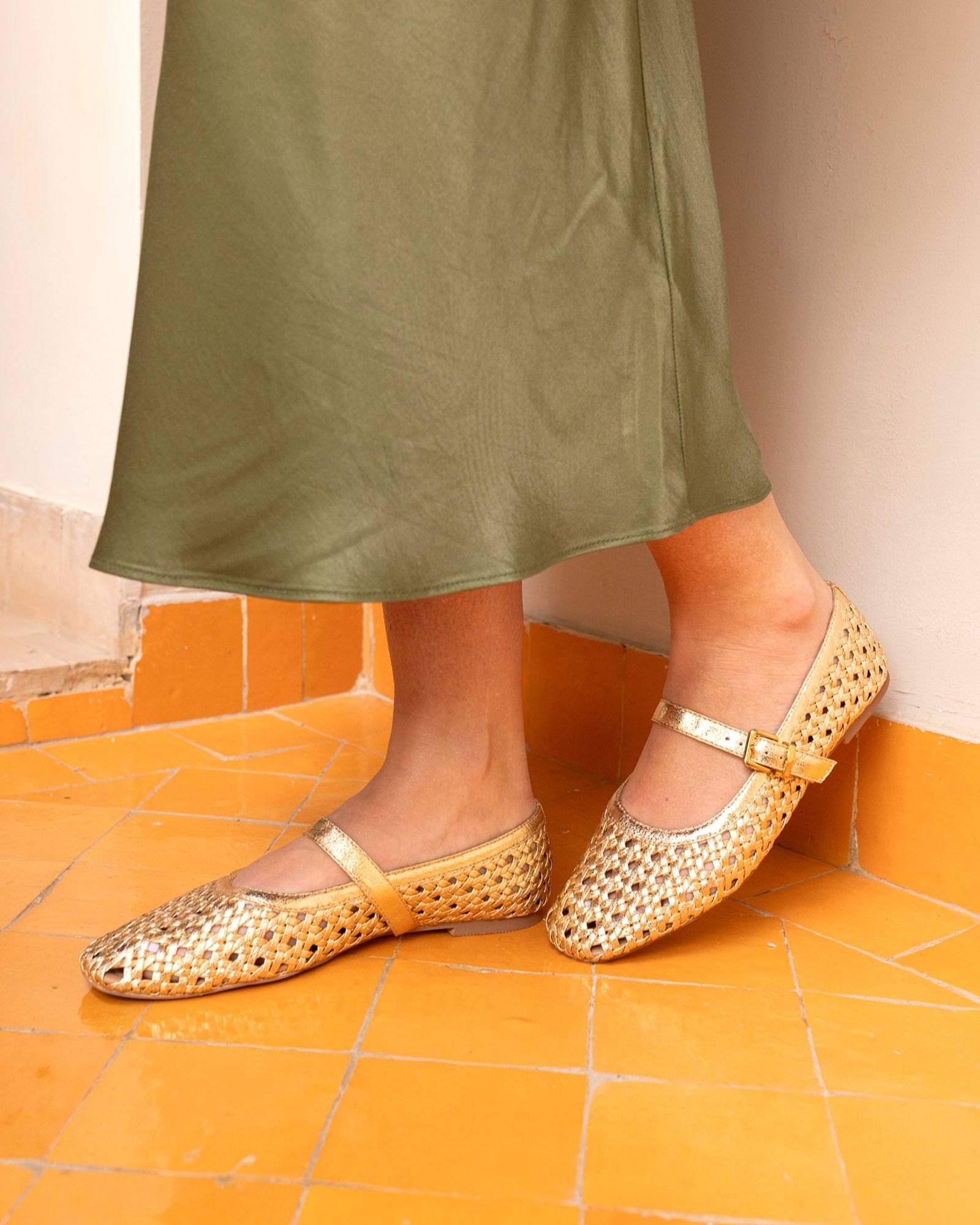 WIDE FIT FAYE Gold Woven Mary Jane Flat Shoe