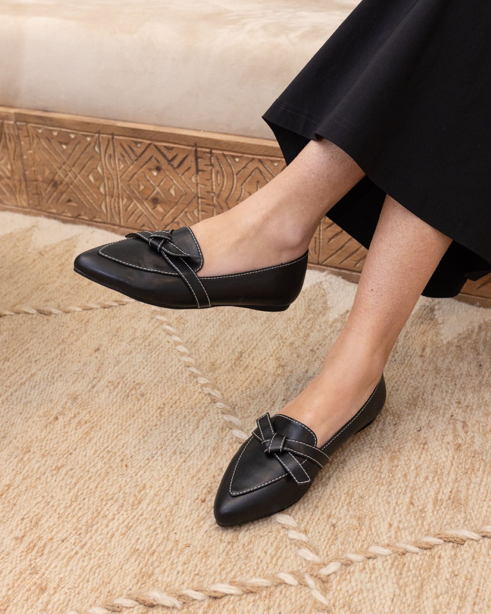 WIDE FIT FLOSSY Black Bow Detail Slip On Flat Loafer Shoe