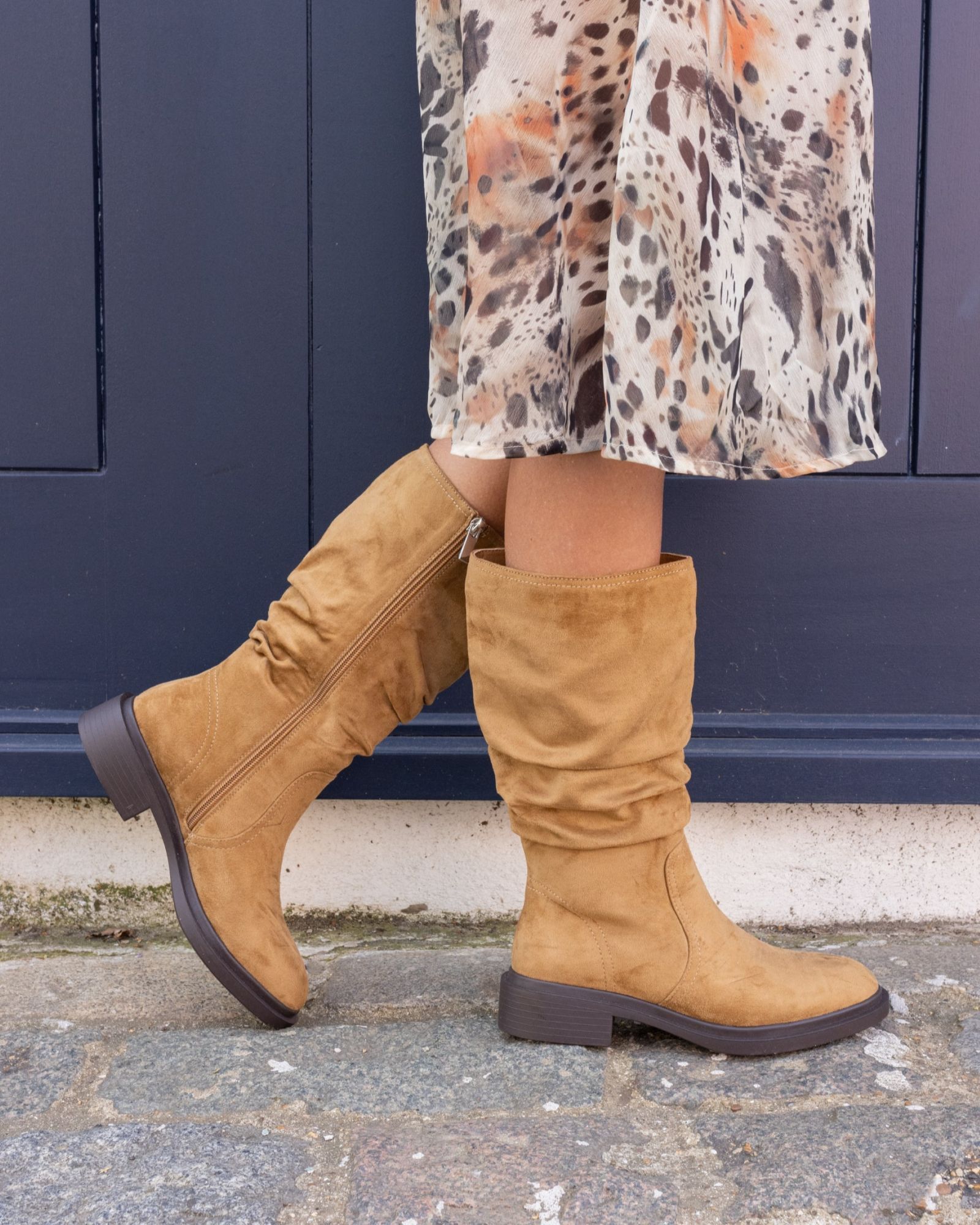 Wide Fit Gentle Taupe Flat Ruched Calf Boot