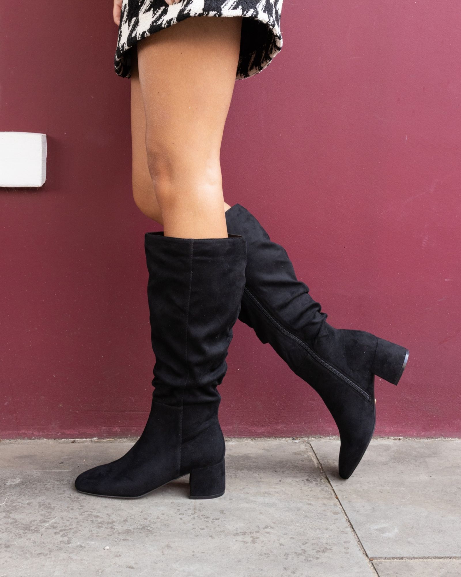 WIDE FIT GERI Black Block Heel Square Toe Ruched Knee Boot