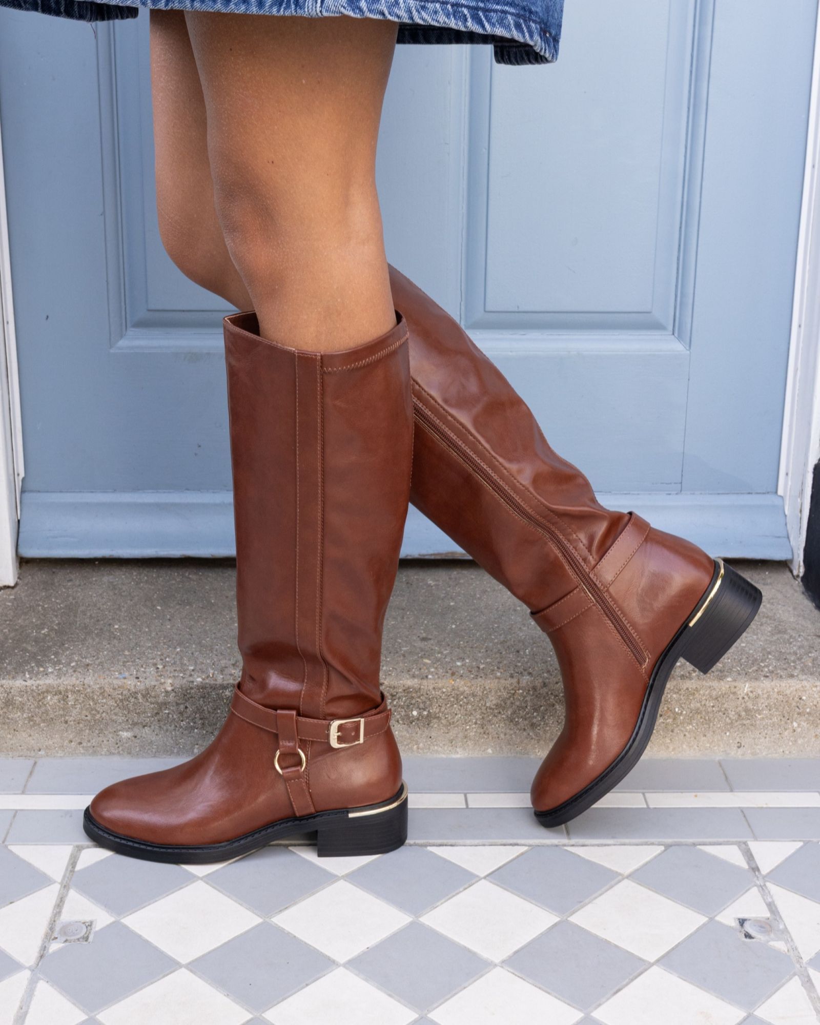 Wide Fit Goa Tan Buckle Ring Detail Knee High Stretch Boot
