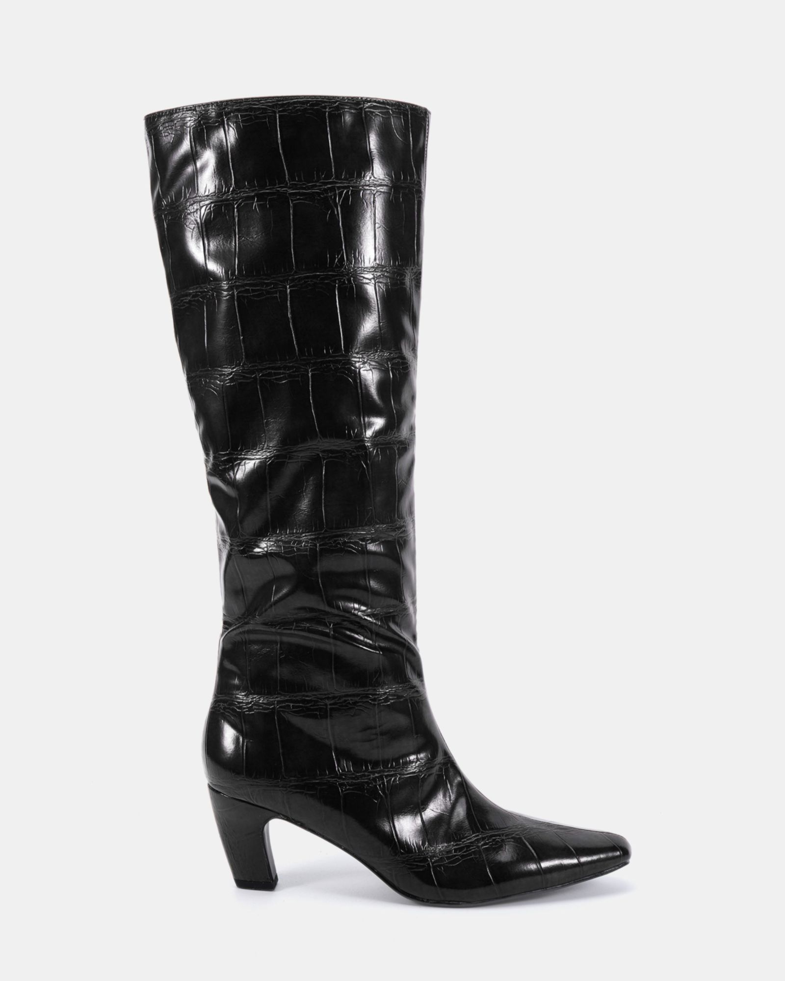 WIDE FIT GRACELYN Black Curved Mid Heel Knee Boot