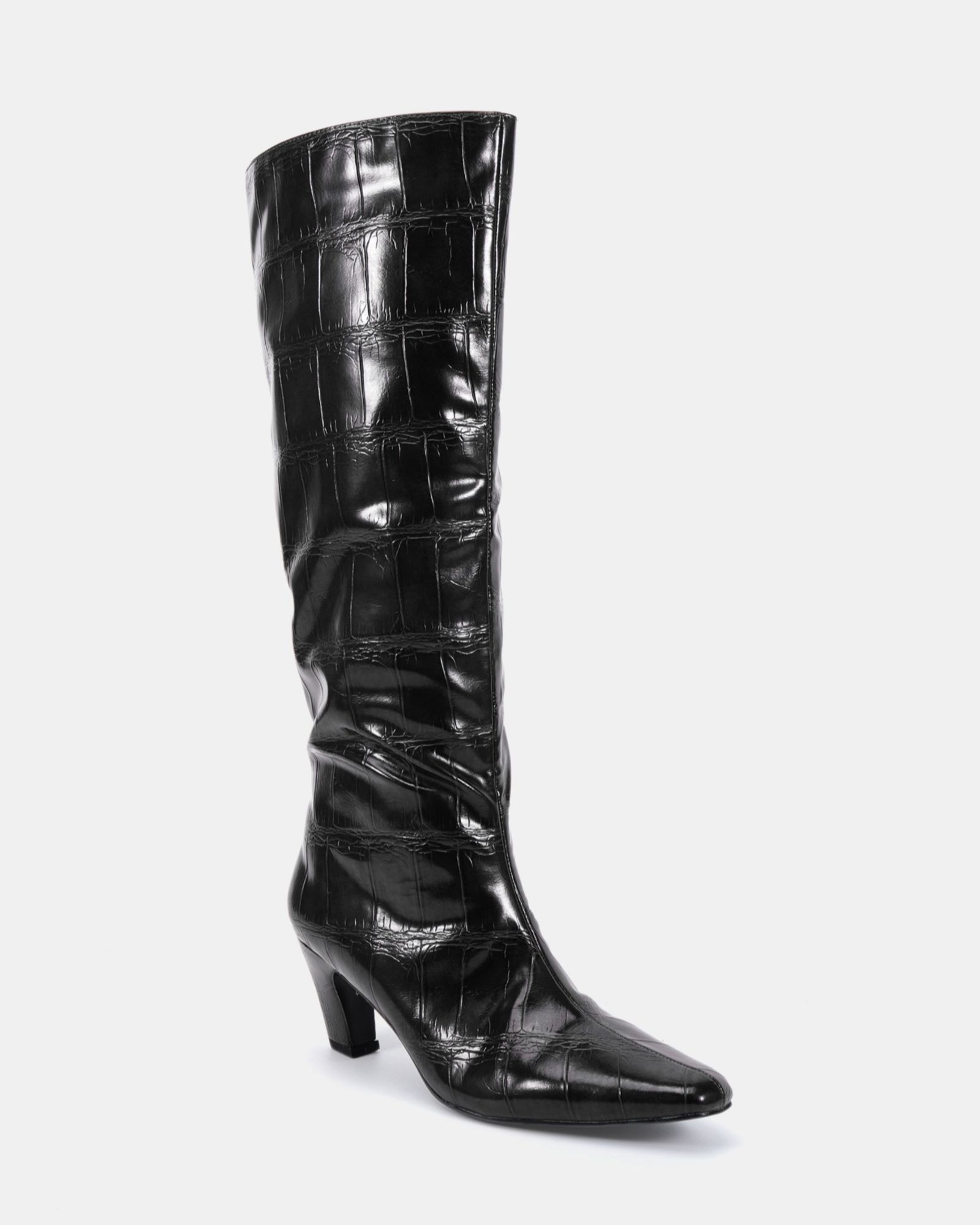 WIDE FIT GRACELYN Black Curved Mid Heel Knee Boot