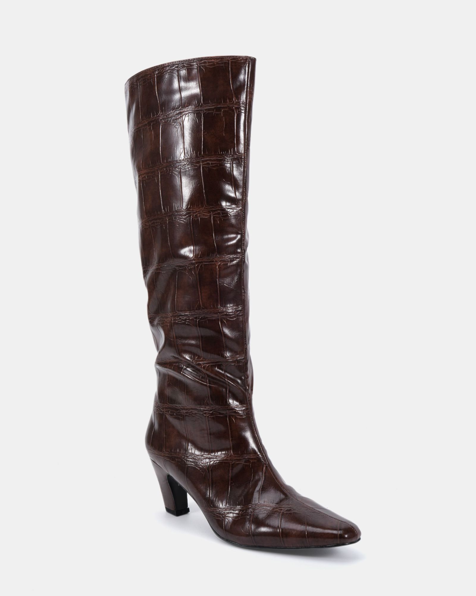 WIDE FIT GRACELYN Brown Curved Mid Heel Knee Boot