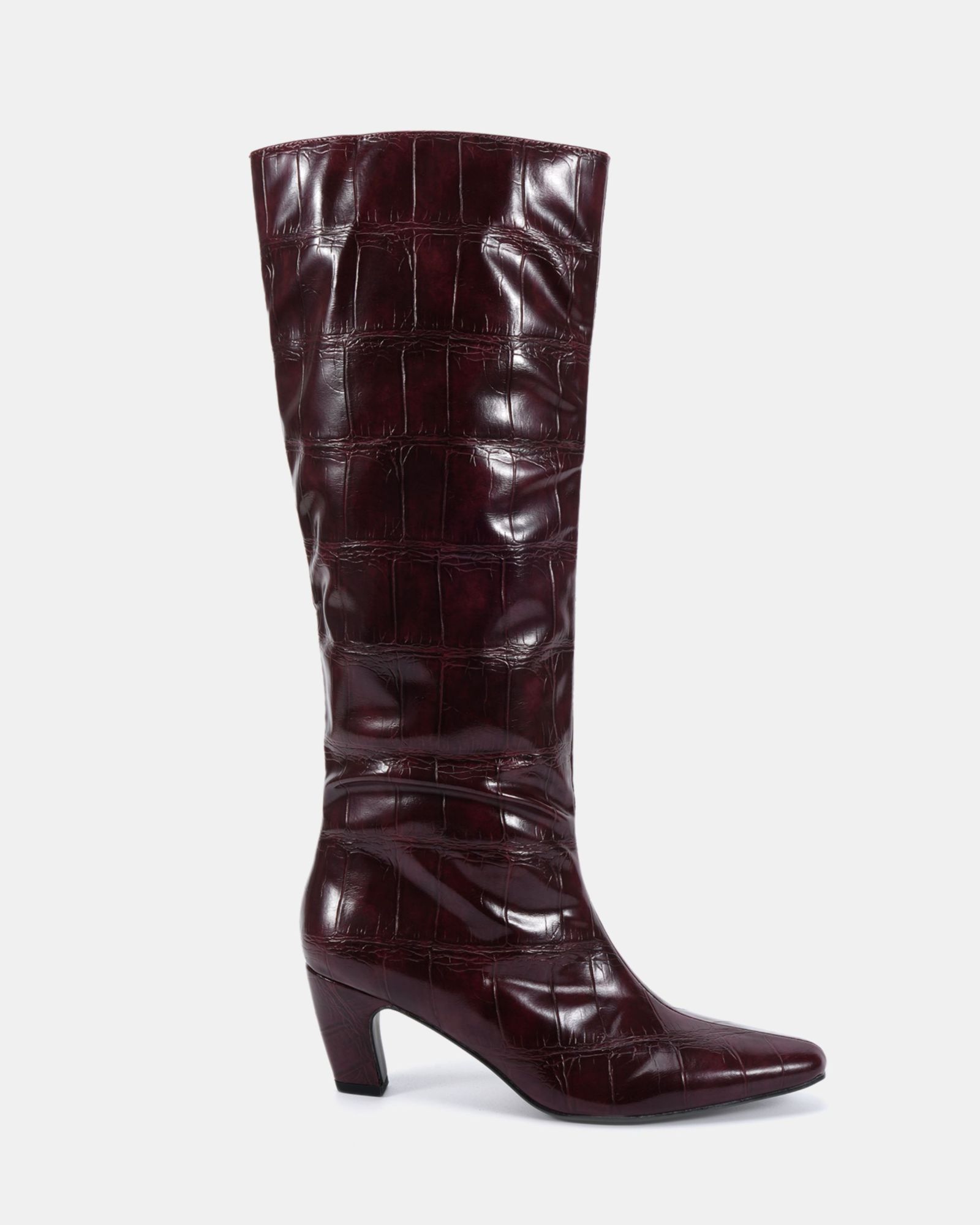 WIDE FIT GRACELYN Burgundy Curved Mid Heel Knee Boot