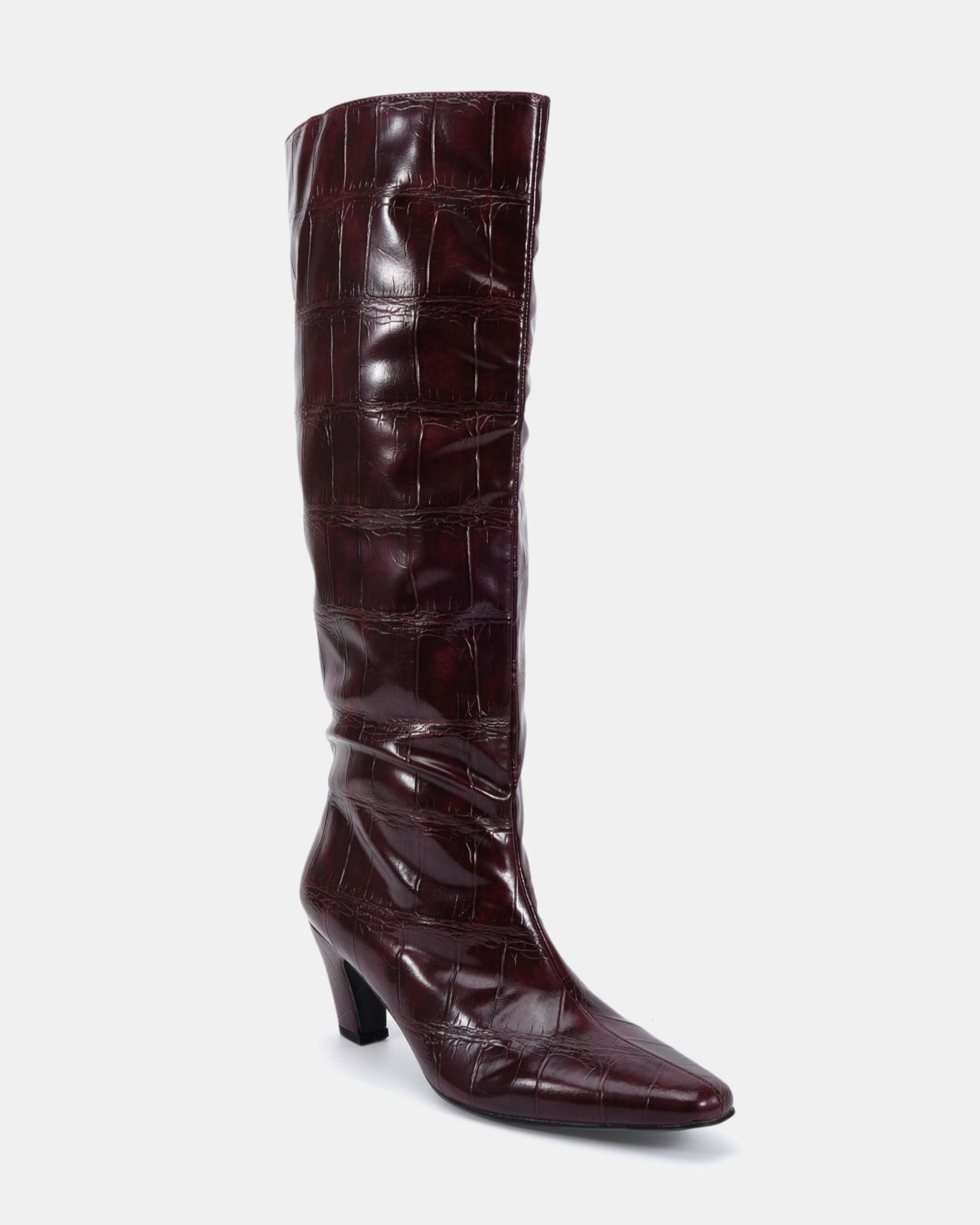 WIDE FIT GRACELYN Burgundy Curved Mid Heel Knee Boot