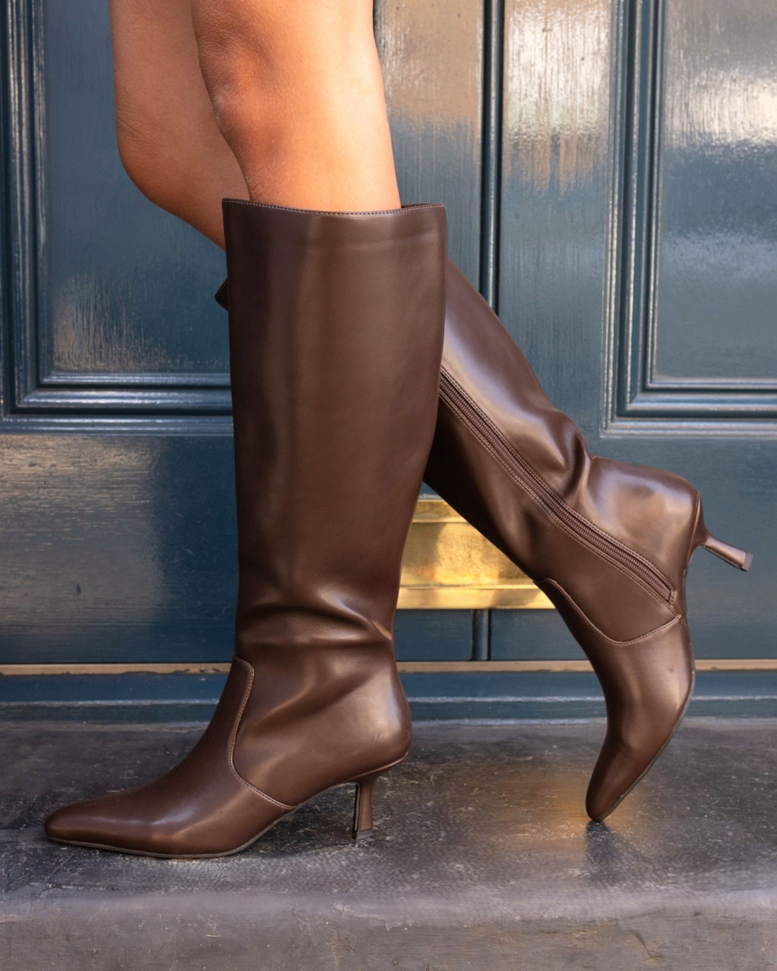 WIDE FIT GRATEFUL Brown Mid Stiletto Heel Point Knee Boot