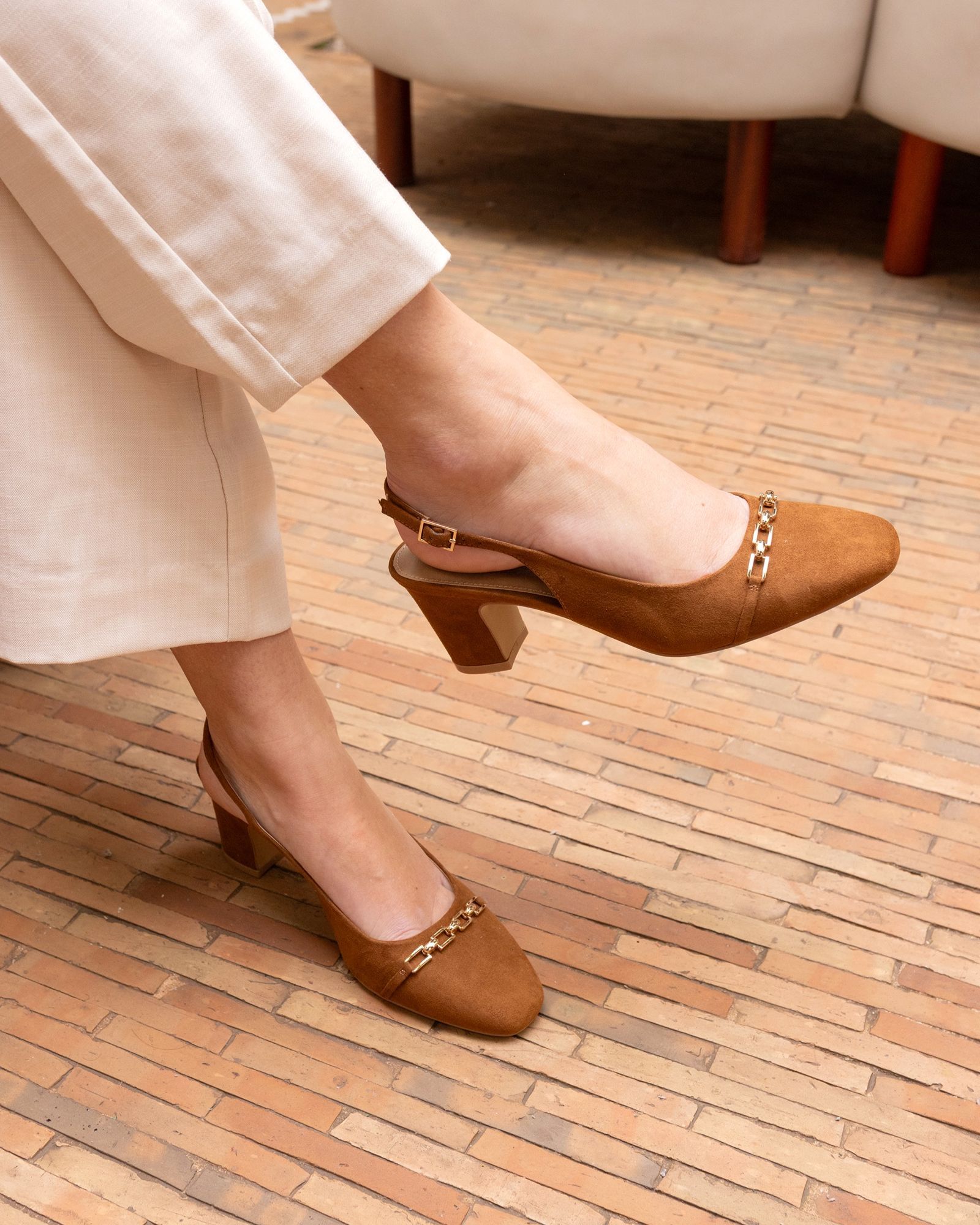 WIDE FIT HEIDI Tan Chain Trim Block Heel Slingback