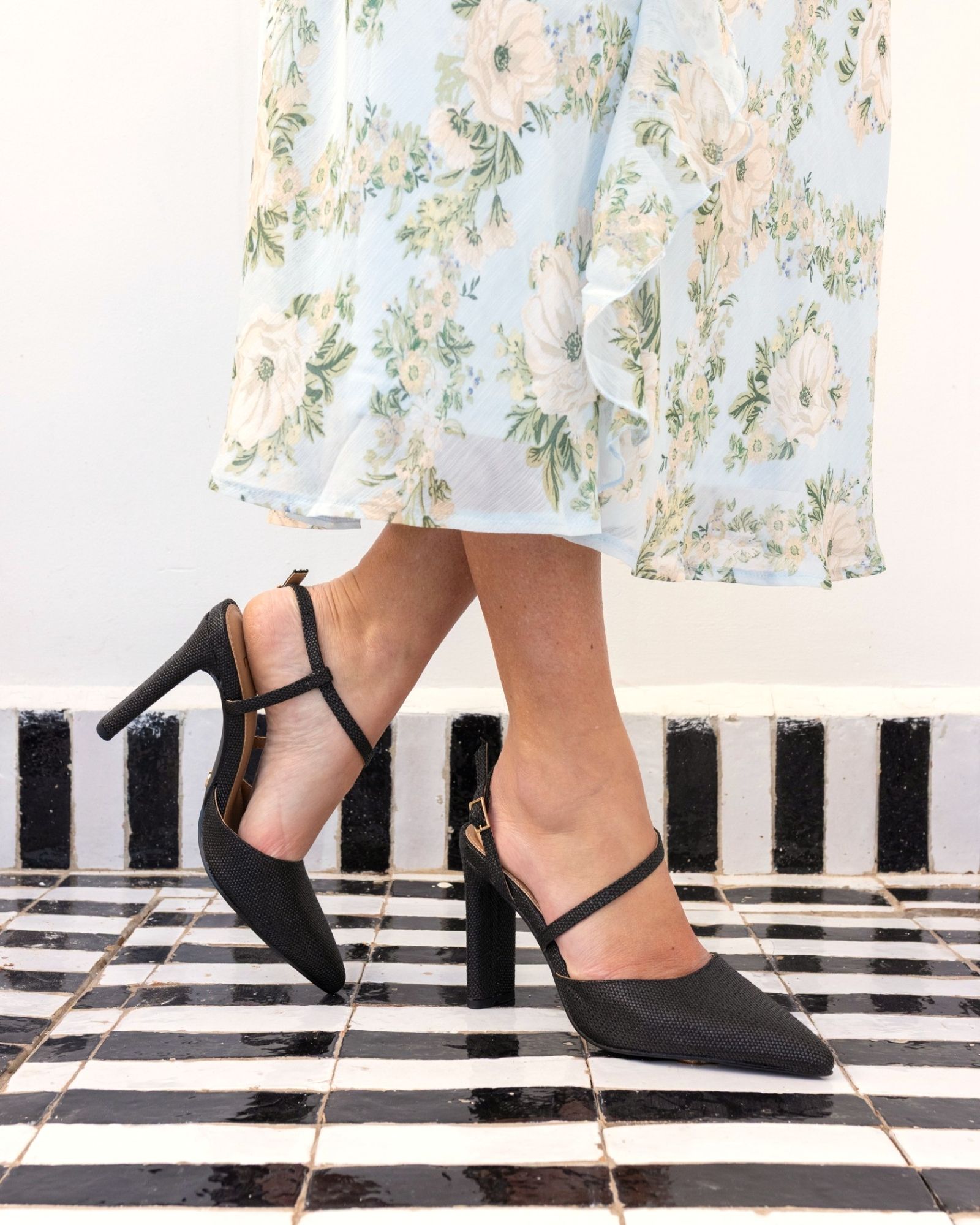 WIDE FIT INDIE Black Weave Asymmetric Slingback Court