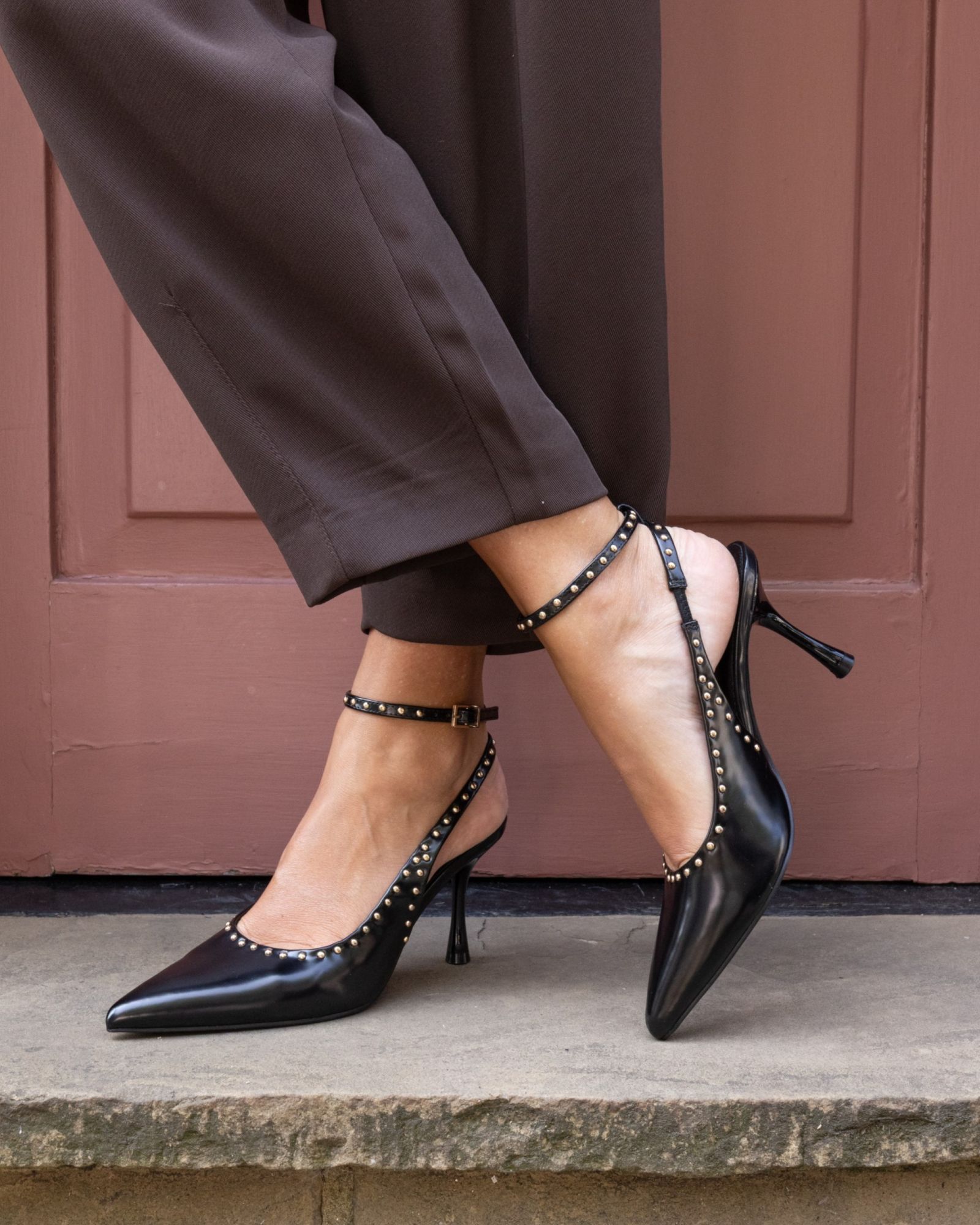 WIDE FIT ITALIA Stud Detail Black Ankle Strap Point Court