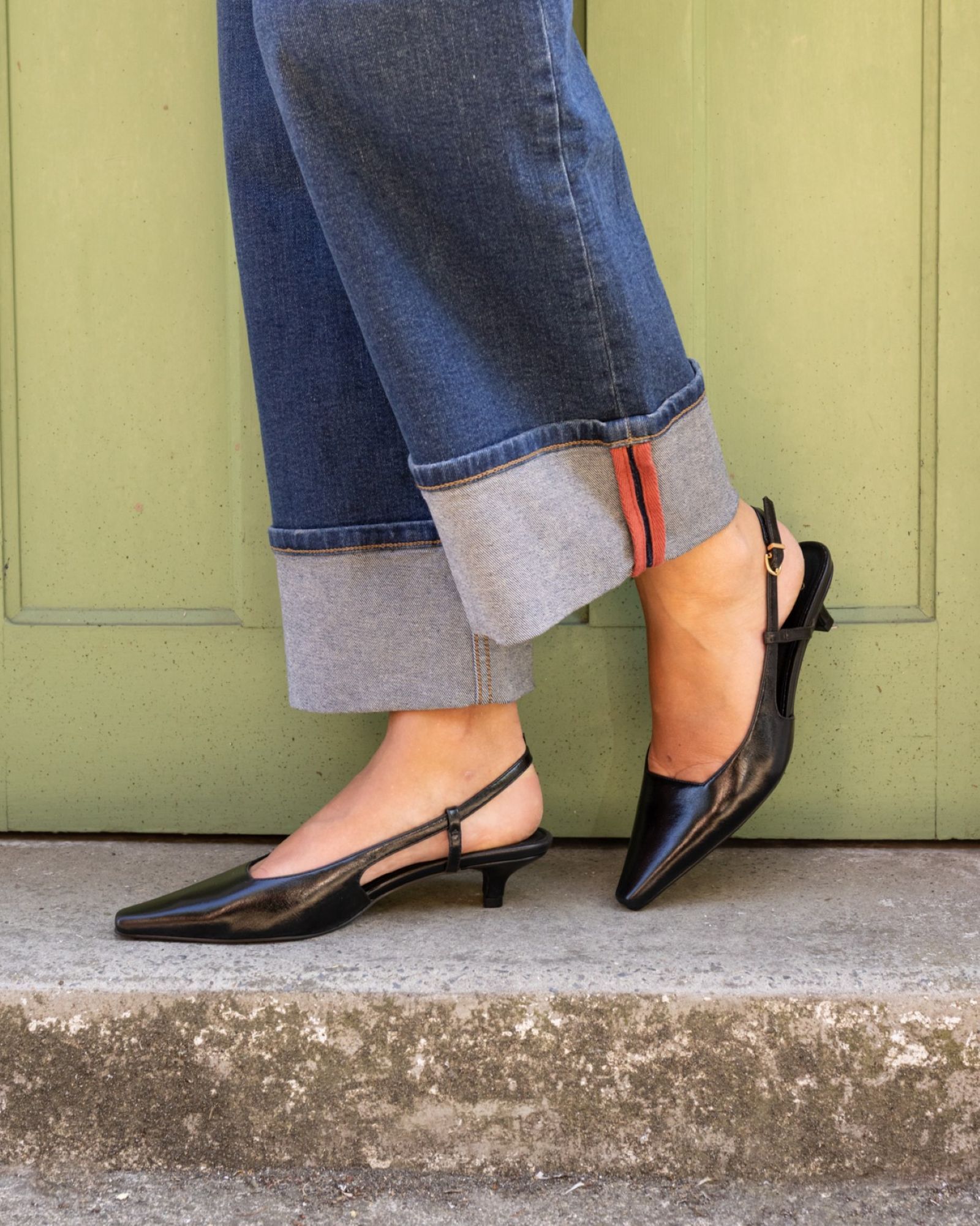 WIDE FIT IZZY Black Low Heel Slingback Point Court