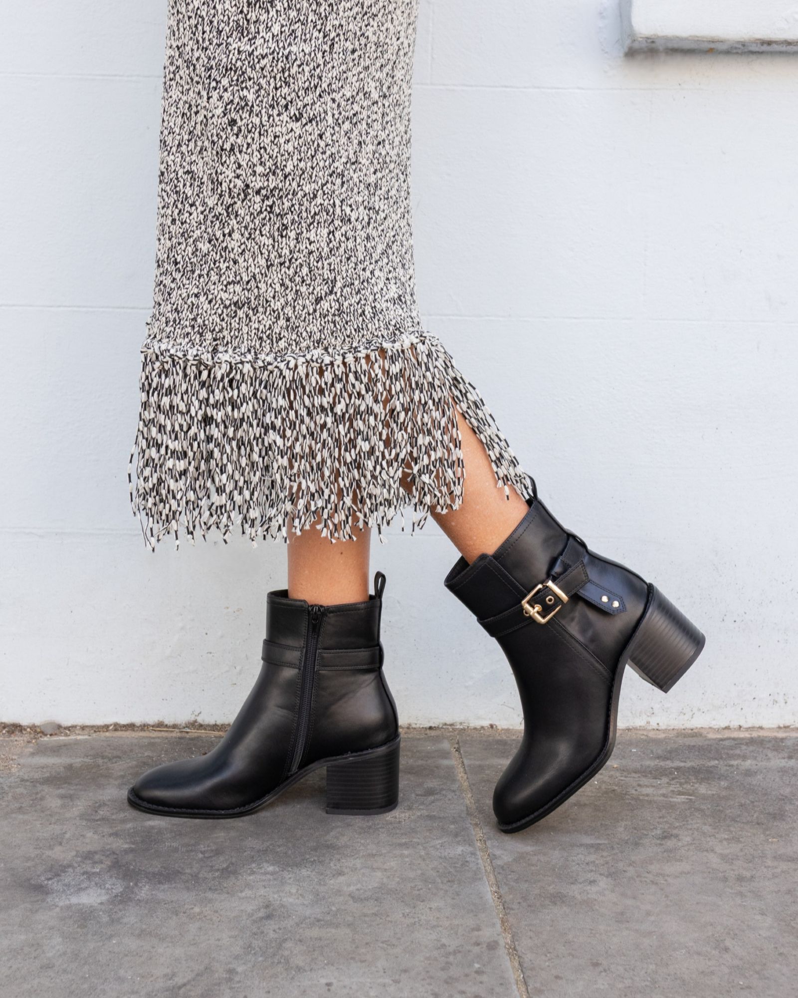 Wide Fit Jasmine Black Round Toe Block Heel Buckle Detail Ank