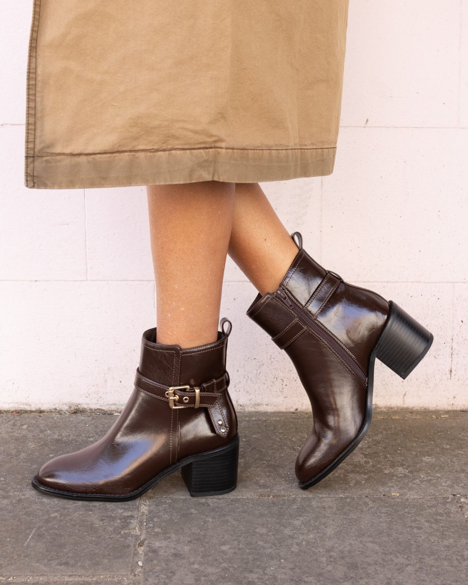 Wide Fit Jasmine Brown Round Toe Block Heel Buckle Detail Ank