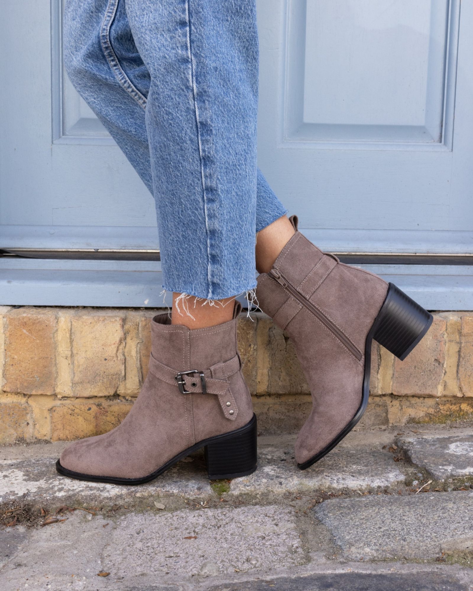 Jasmine Mink Round Toe Block Heel Buckle Detail Ankle Boot