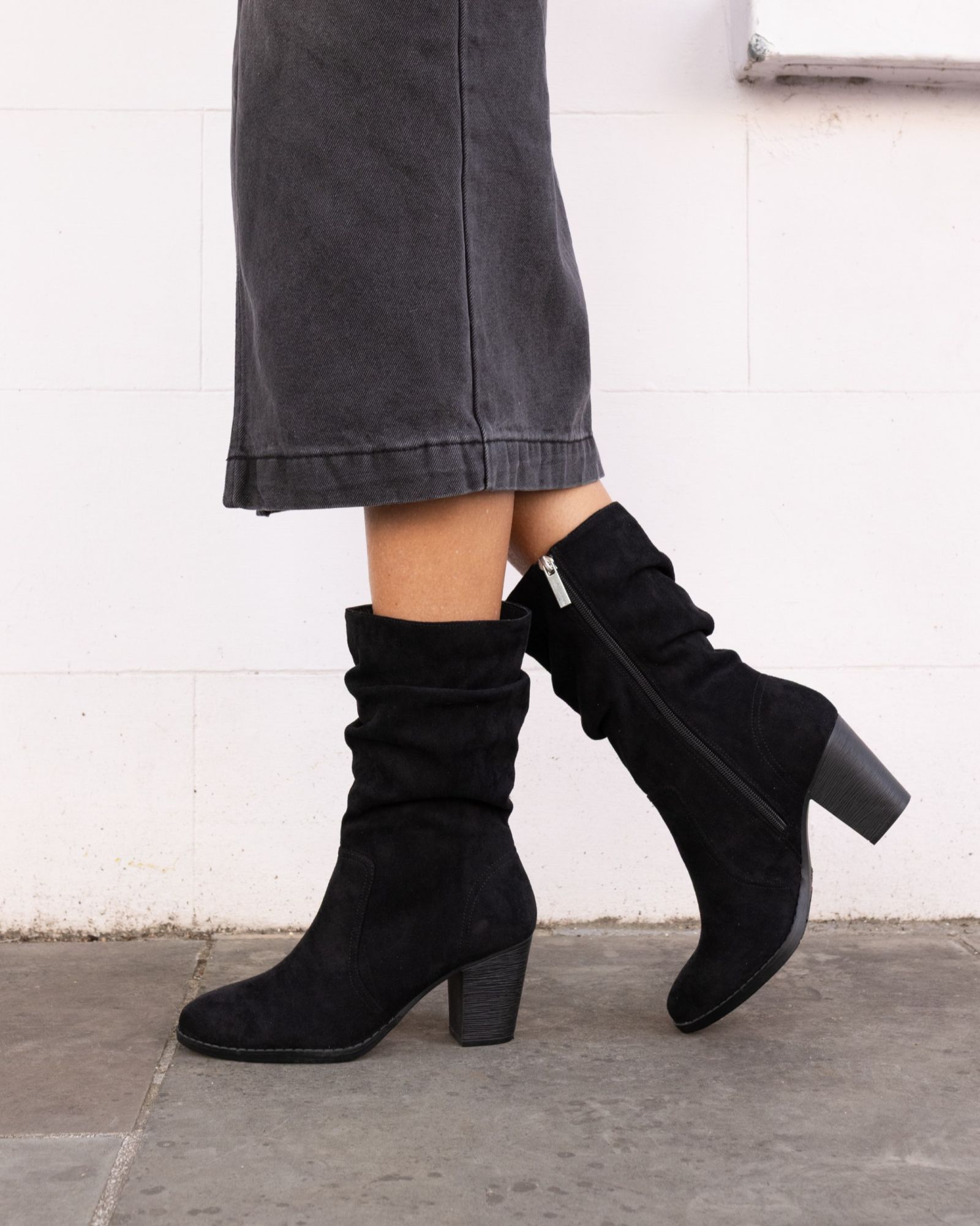 WIDE FIT JOANY Black Block Heel Slouch Ruched Ankle Boot