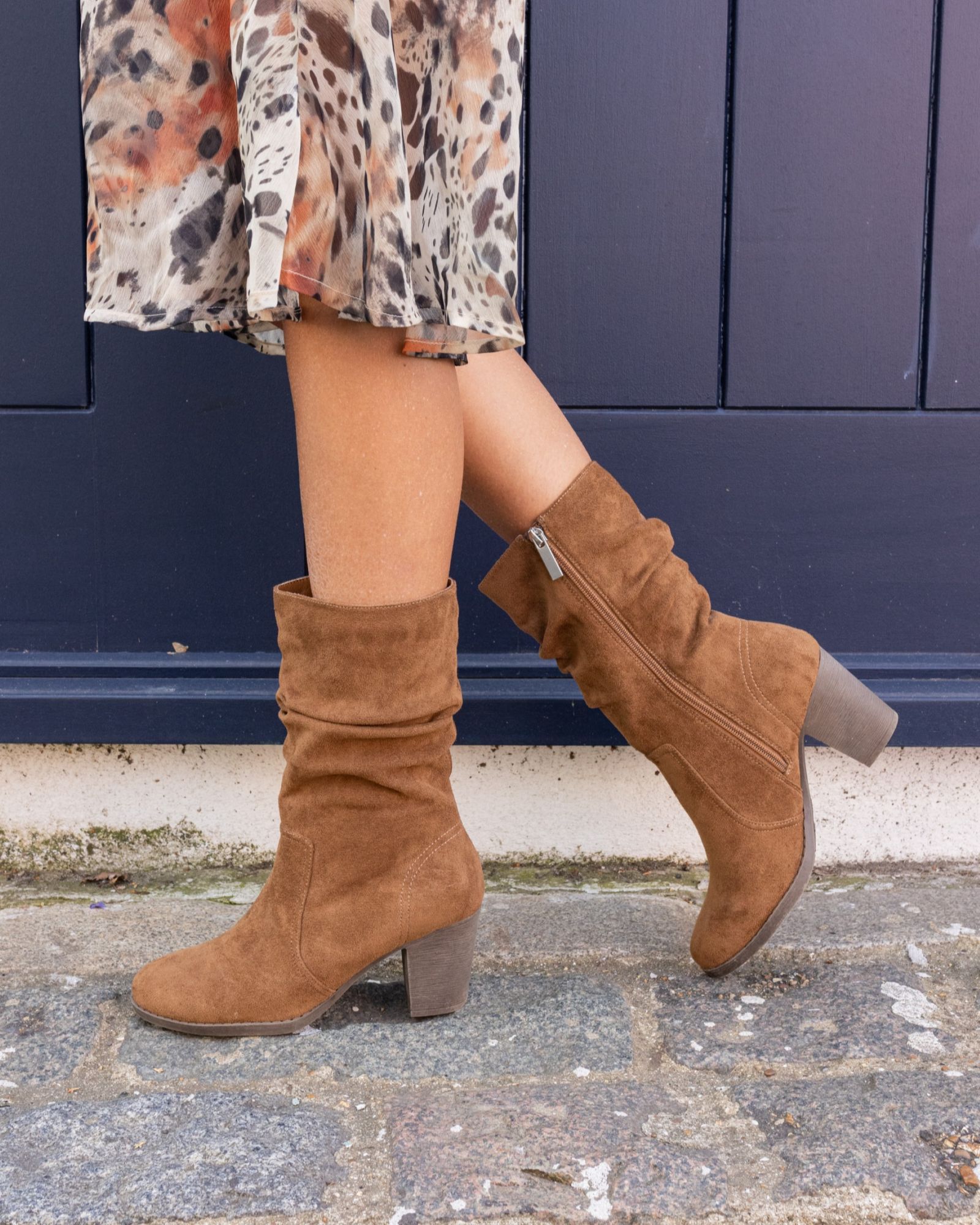 WIDE FIT JOANY Tan Block Heel Slouch Ruched Ankle Boot