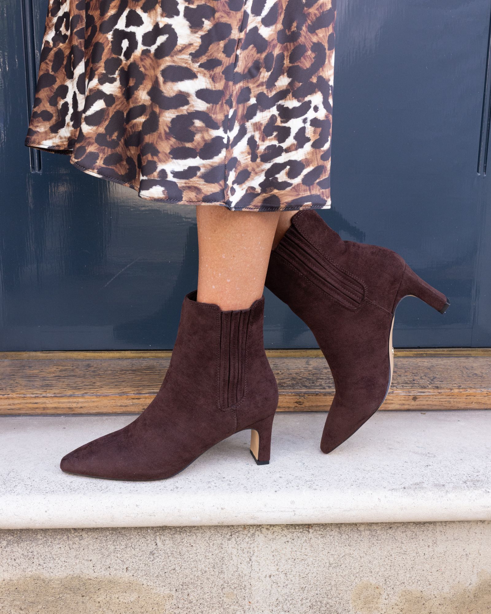 WIDE FIT KARA Brown Low Slim Block Heel Square Point Chelsea