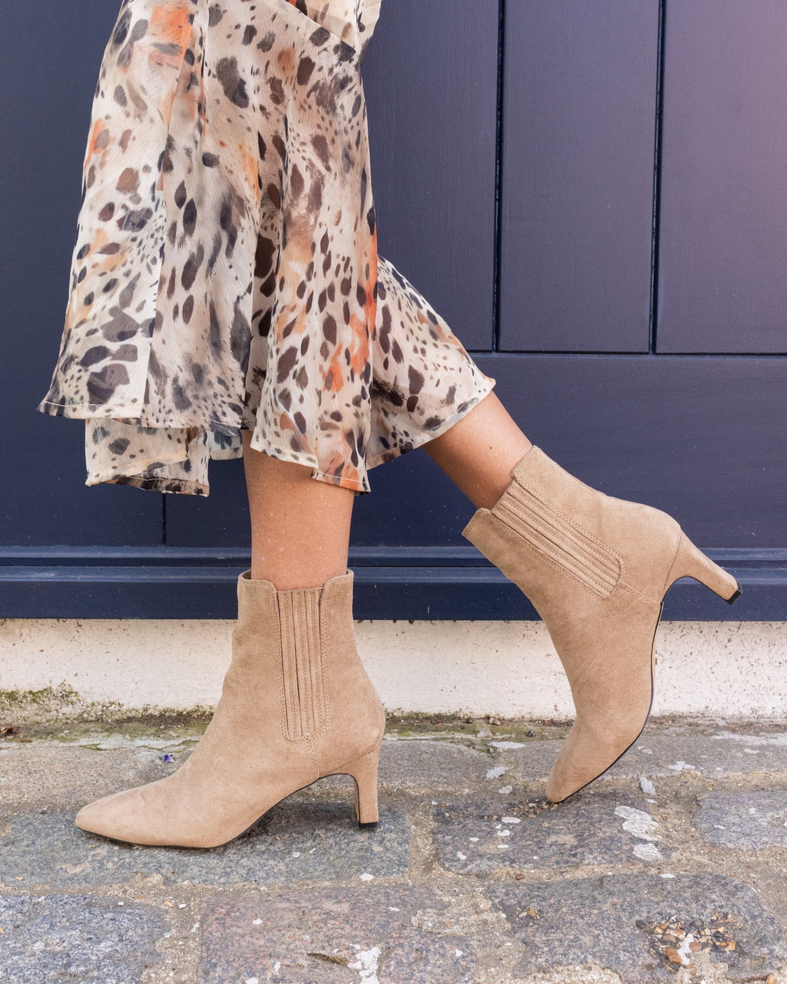 WIDE FIT KARA Taupe Low Slim Block Heel Square Point Chelsea