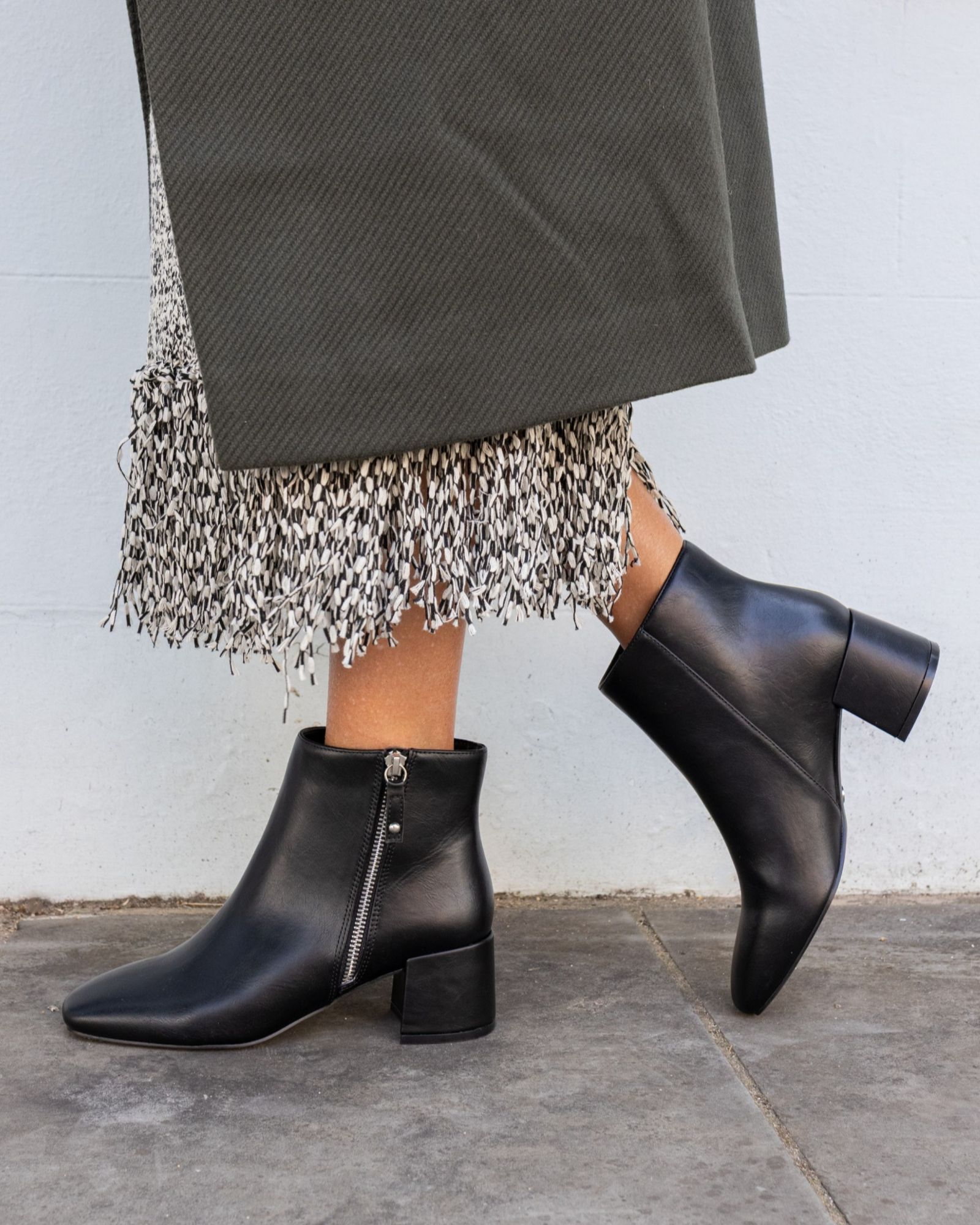 WIDE FIT KATE Black Zip Side Square Toe Block Heel Ankle Boot