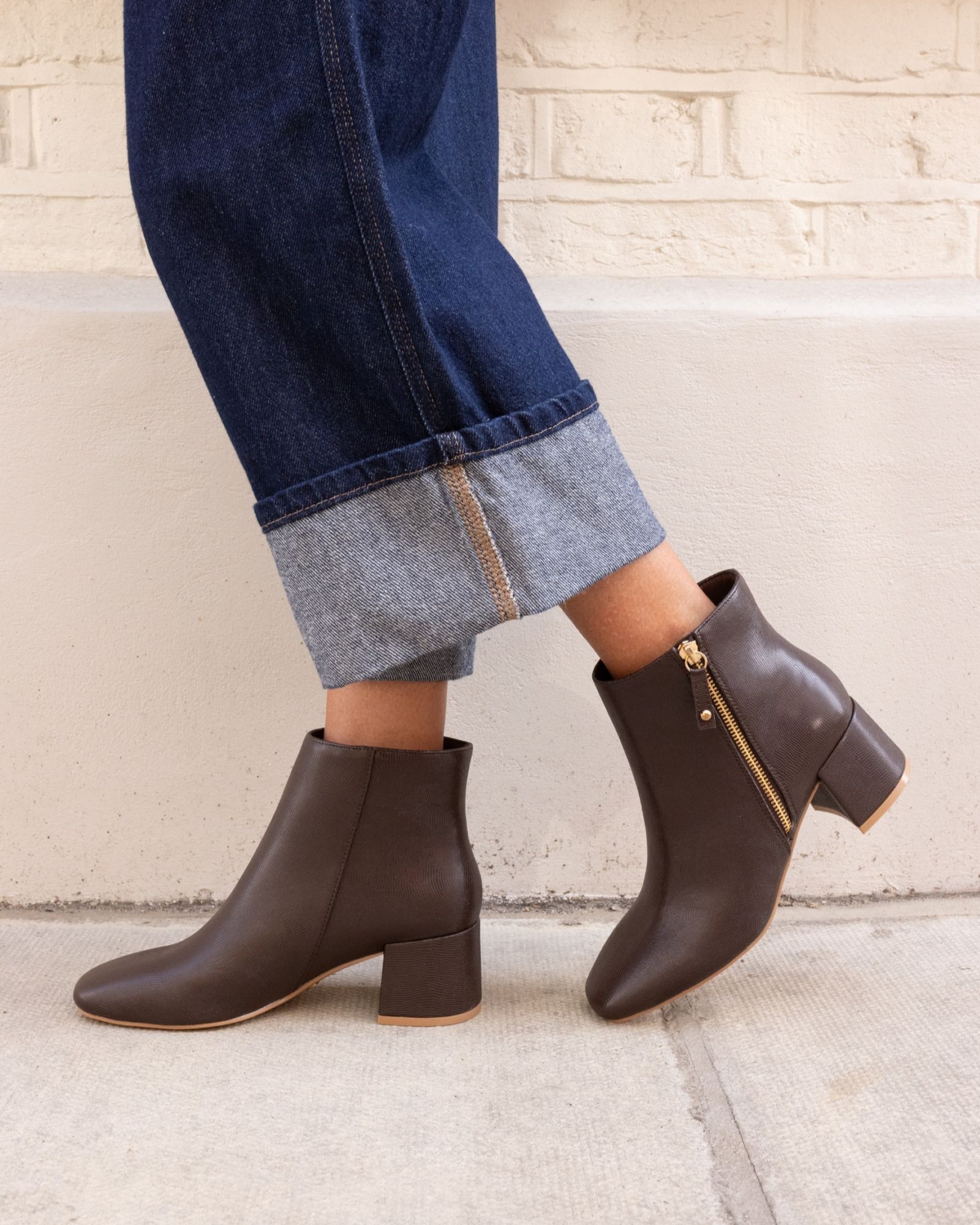 WIDE FIT KATE Brown Zip Side Square Toe Block Heel Ankle Boot