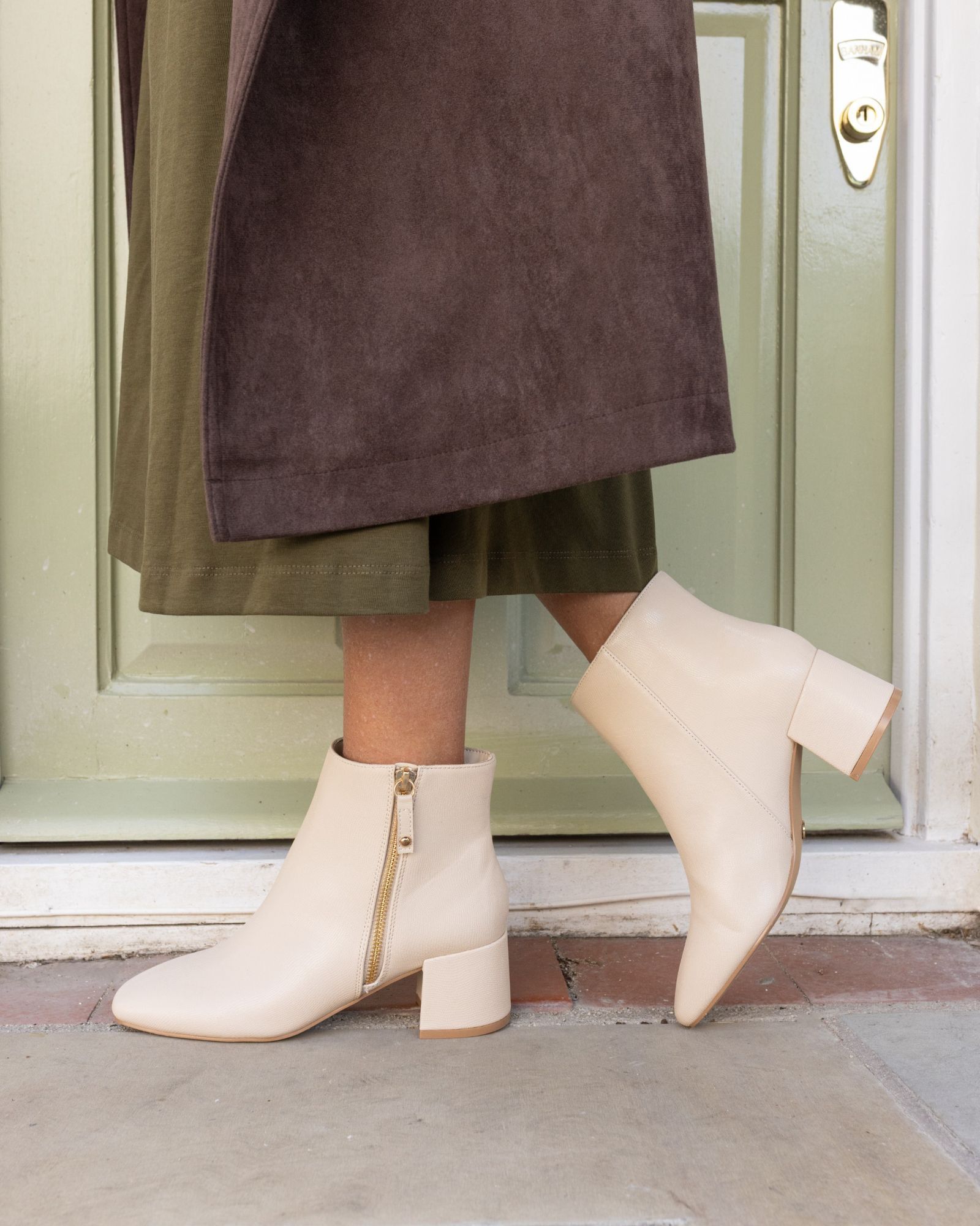 WIDE FIT KATE Taupe Zip Side Square Toe Block Heel Ankle Boot