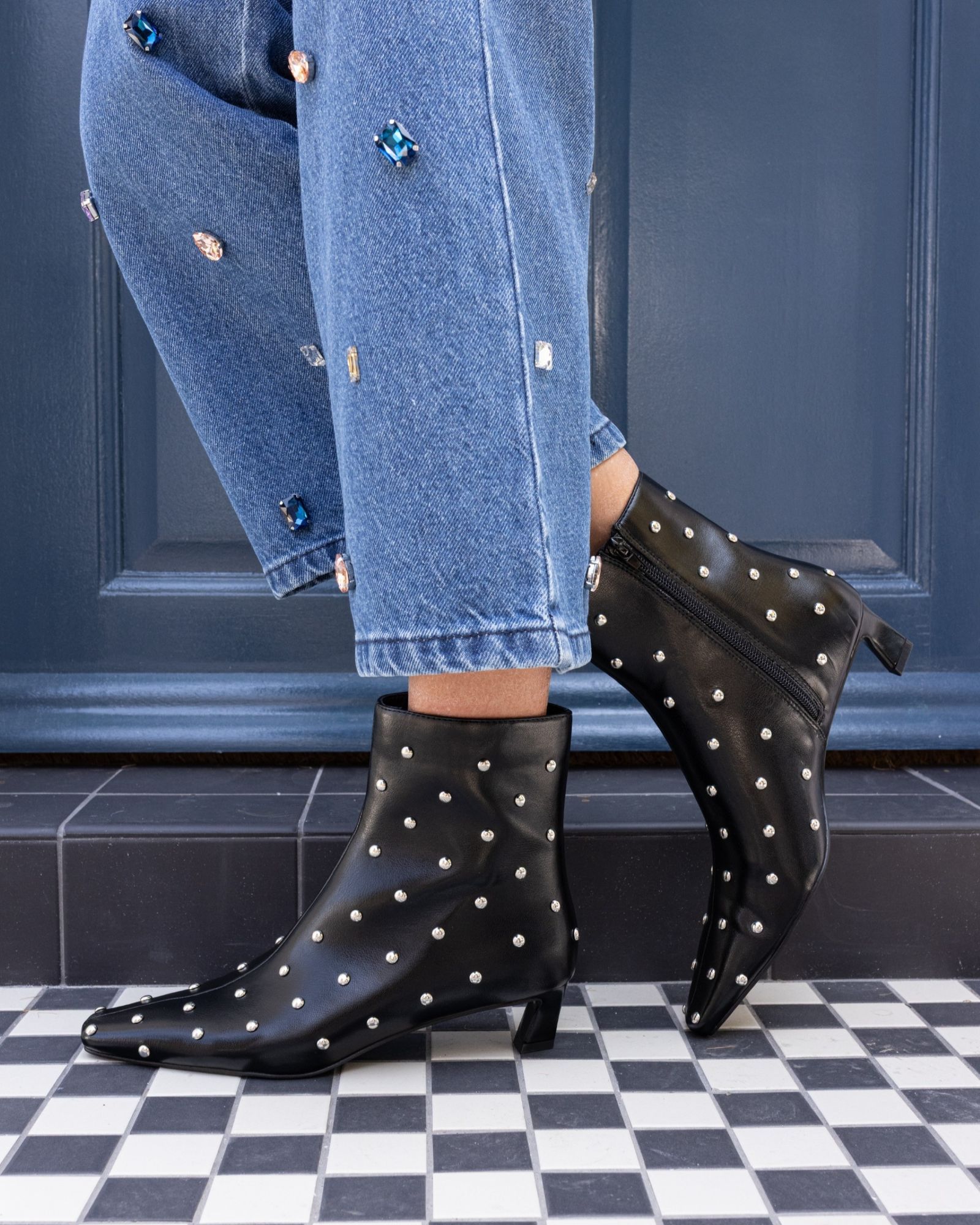 Wide Fit Kiki Black Studded Low Heel Ankle Boot