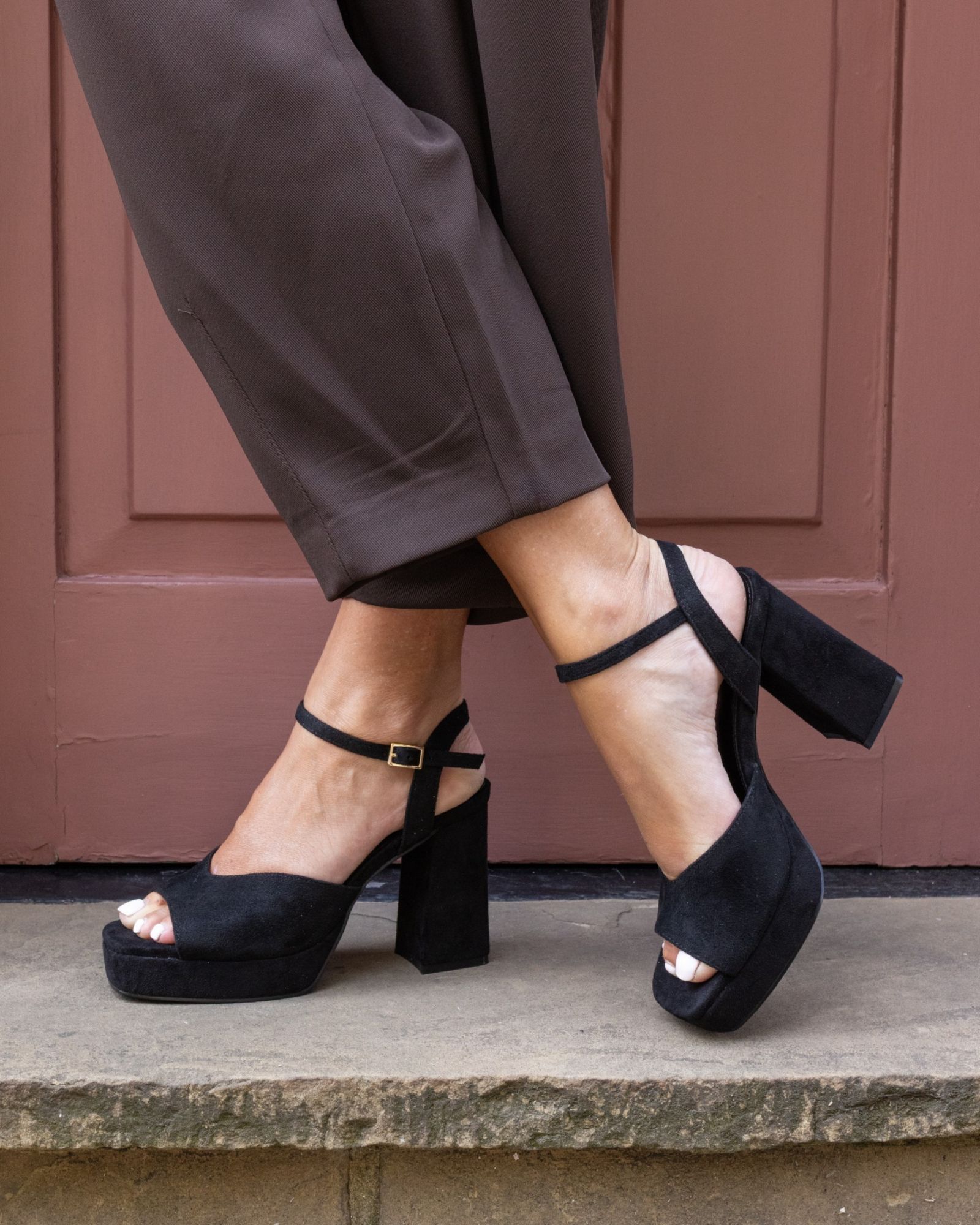 WIDE FIT LAYLA Black Platform Heeled Sandal