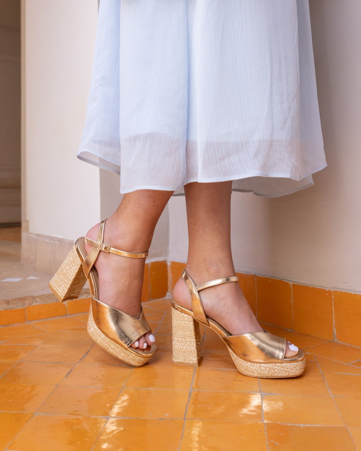 Wide Fit Lennon Gold Block Heel Platform Ankle Strap Sandal