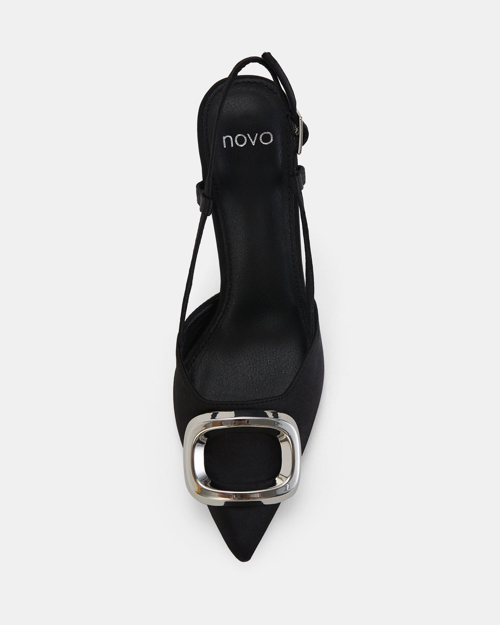 YAMINI Black Satin Hardware Slingback Court Shoe