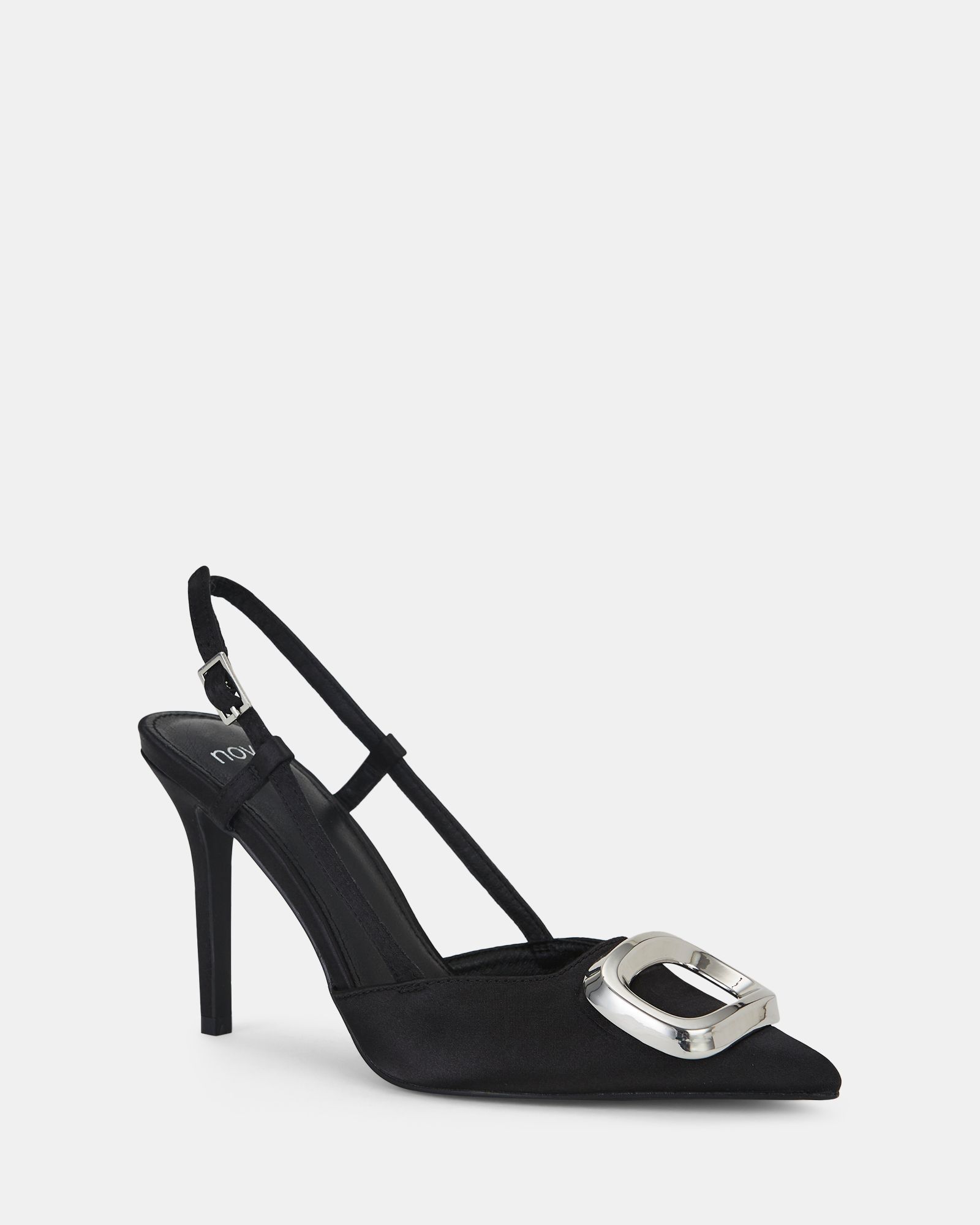 YAMINI Black Satin Hardware Slingback Court Shoe