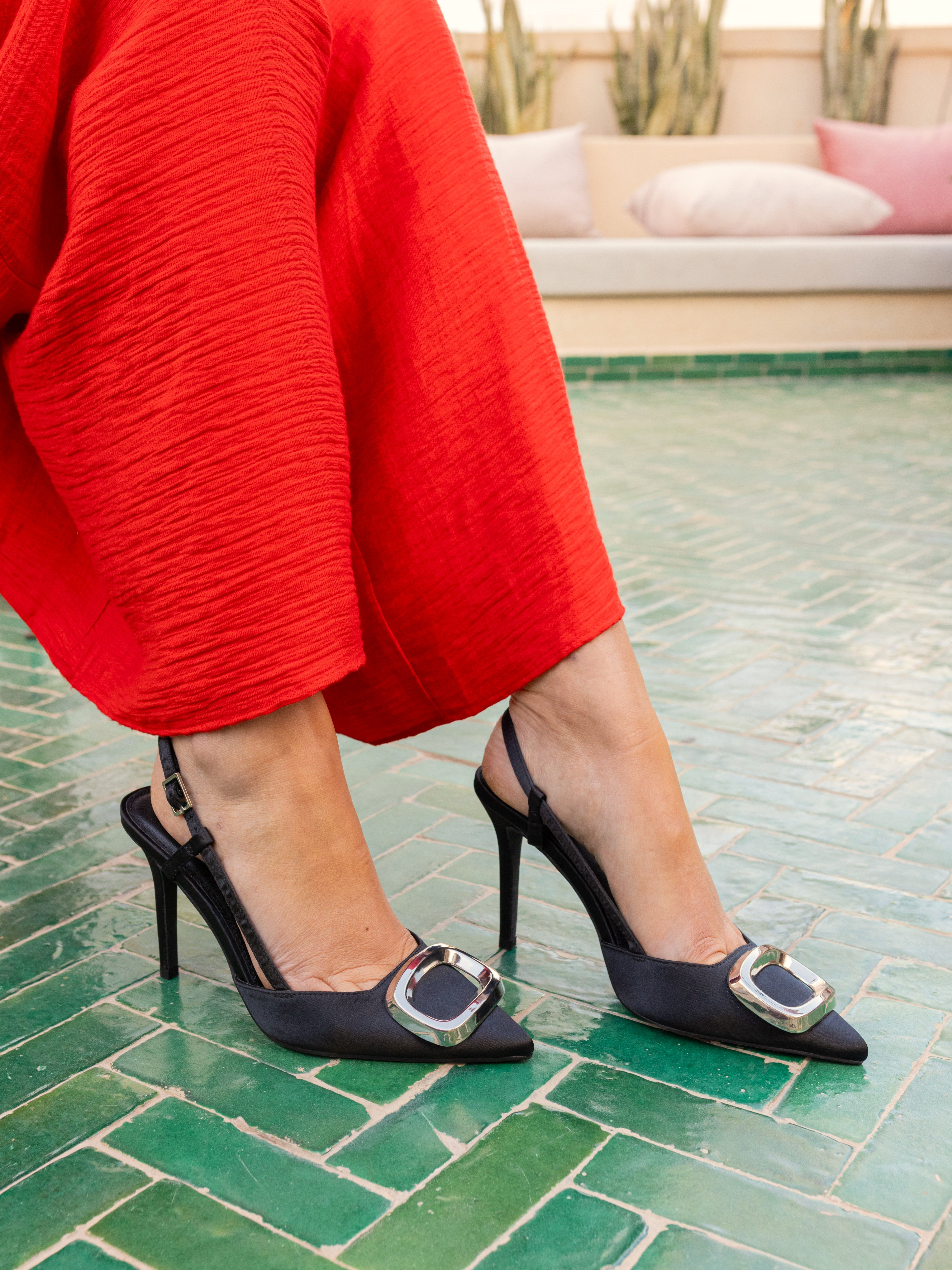 YAMINI Black Satin Hardware Slingback Court Shoe