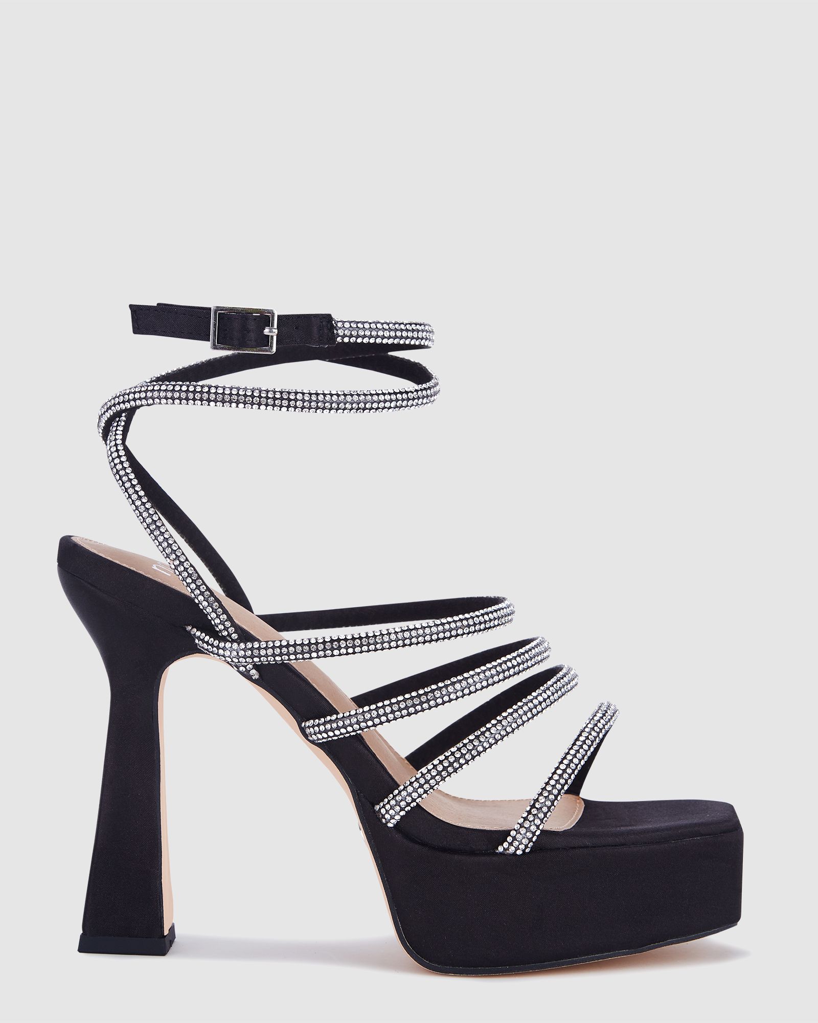 Zoscar Black Satin Platform Diamante Strappy Heels