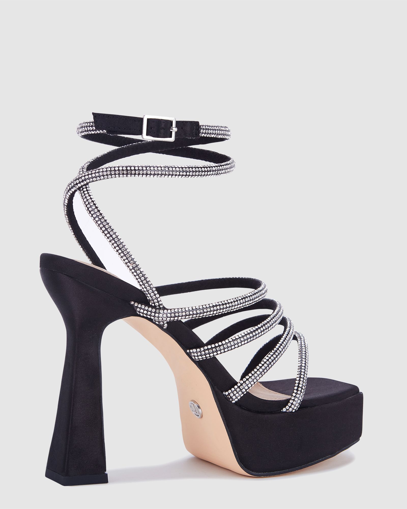 Zoscar Black Satin Platform Diamante Strappy Heels