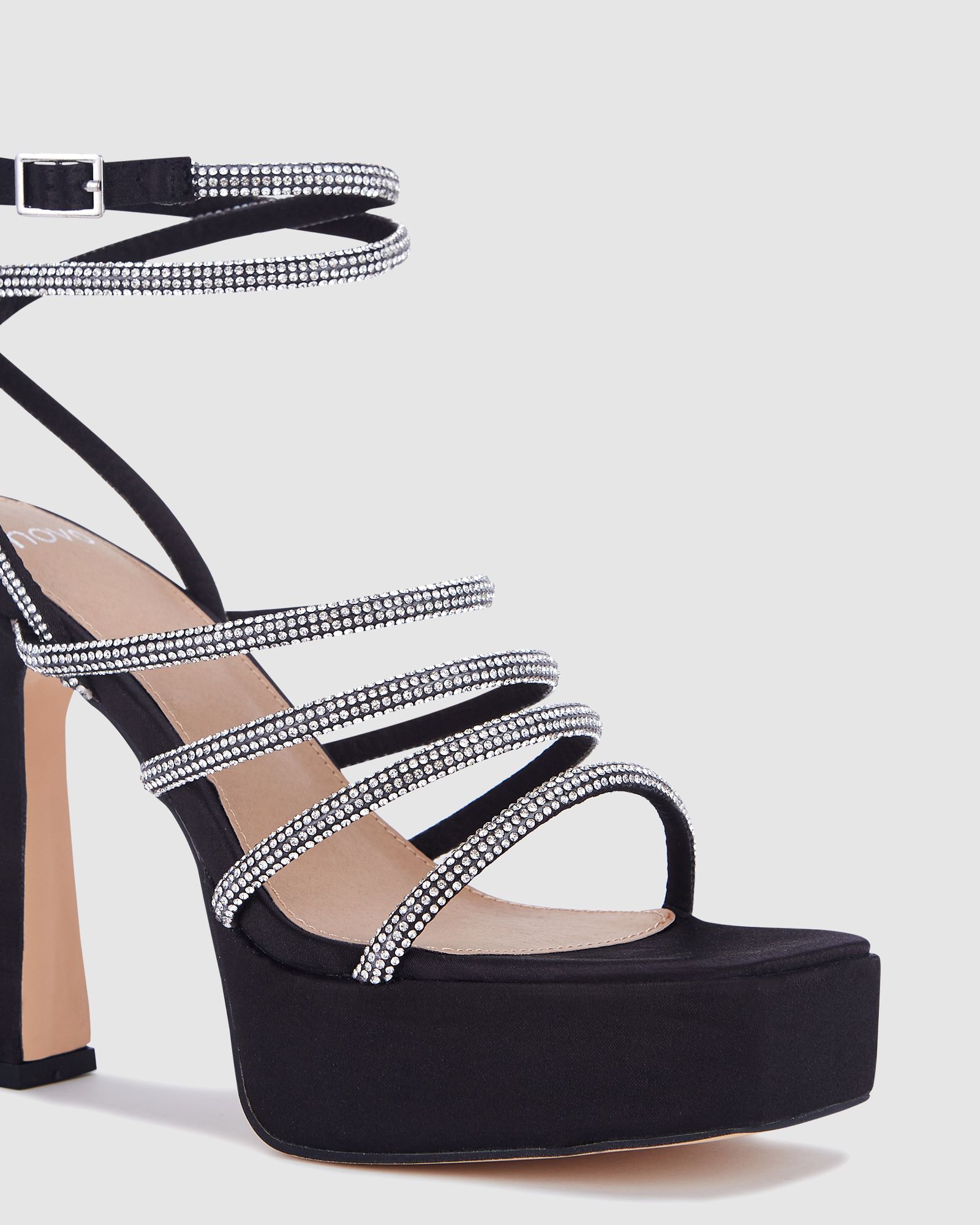 Zoscar Black Satin Platform Diamante Strappy Heels